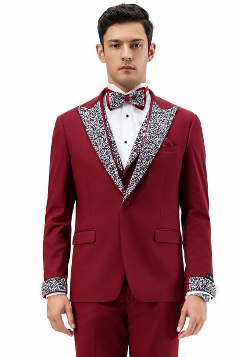 Men's Burgundy Rhinestone Tuxedo for Prom and Formal Events