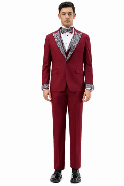 Men's Burgundy Rhinestone Tuxedo for Prom and Formal Events