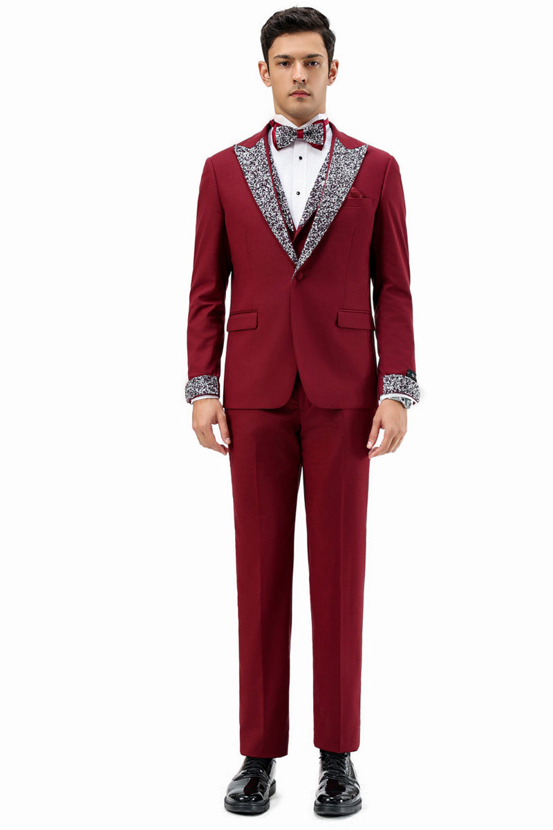 Men's Burgundy Rhinestone Tuxedo for Prom and Formal Events