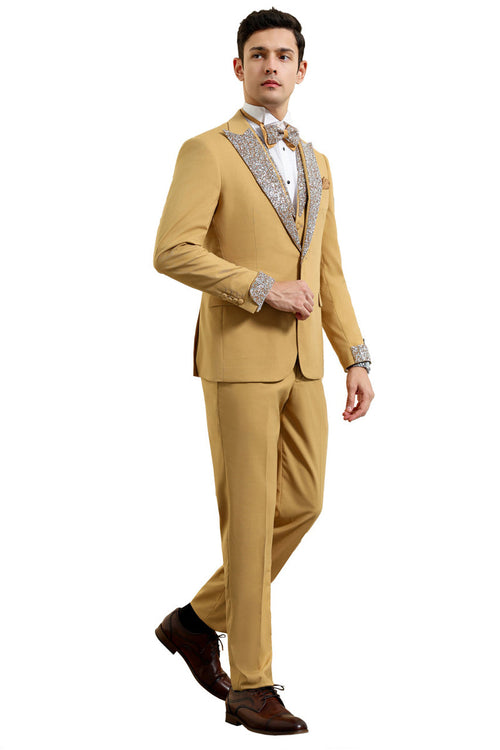 Men's Champagne Rhinestone sequin Tuxedo with Peak Lapel