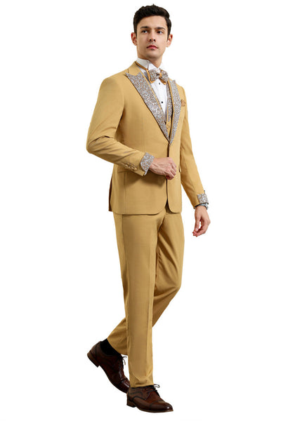 Men's Champagne Rhinestone Tuxedo with Peak Lapel