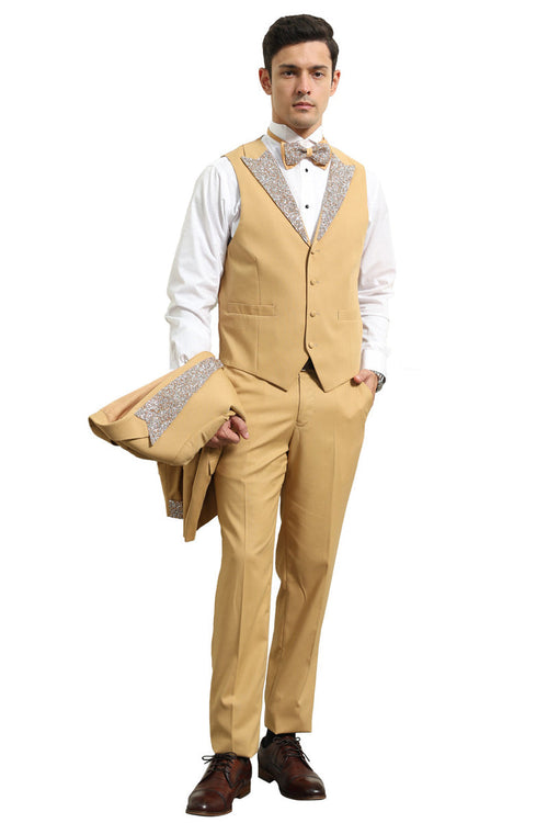 Men's Champagne Rhinestone sequin Tuxedo with Peak Lapel