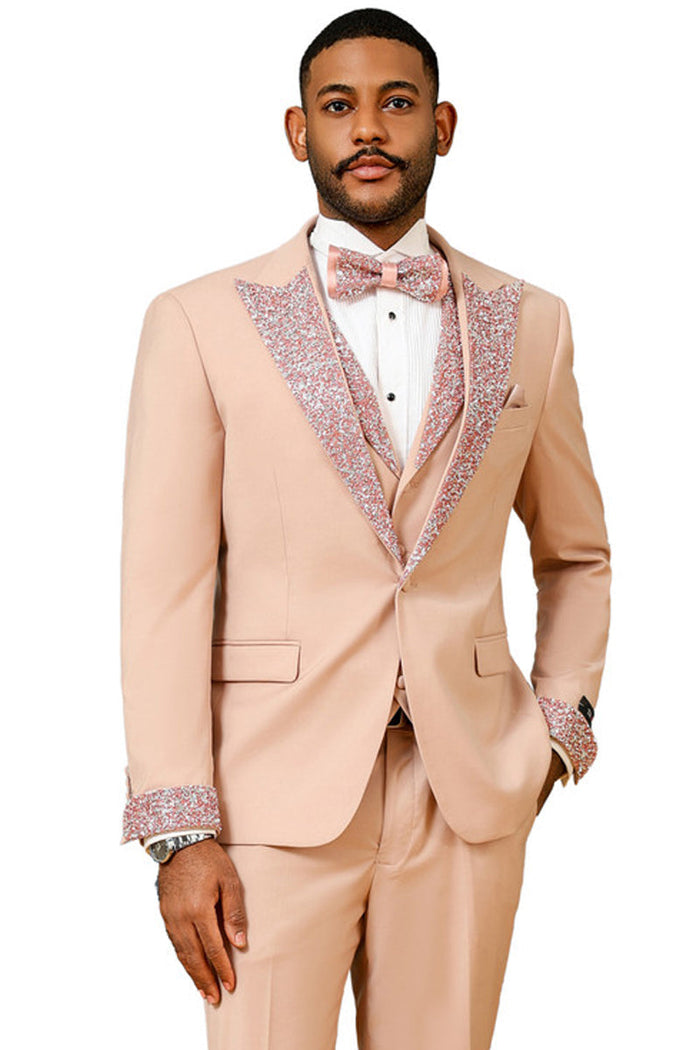 Men's Rose Gold Rhinestone sequin Peak Lapel Tuxedo