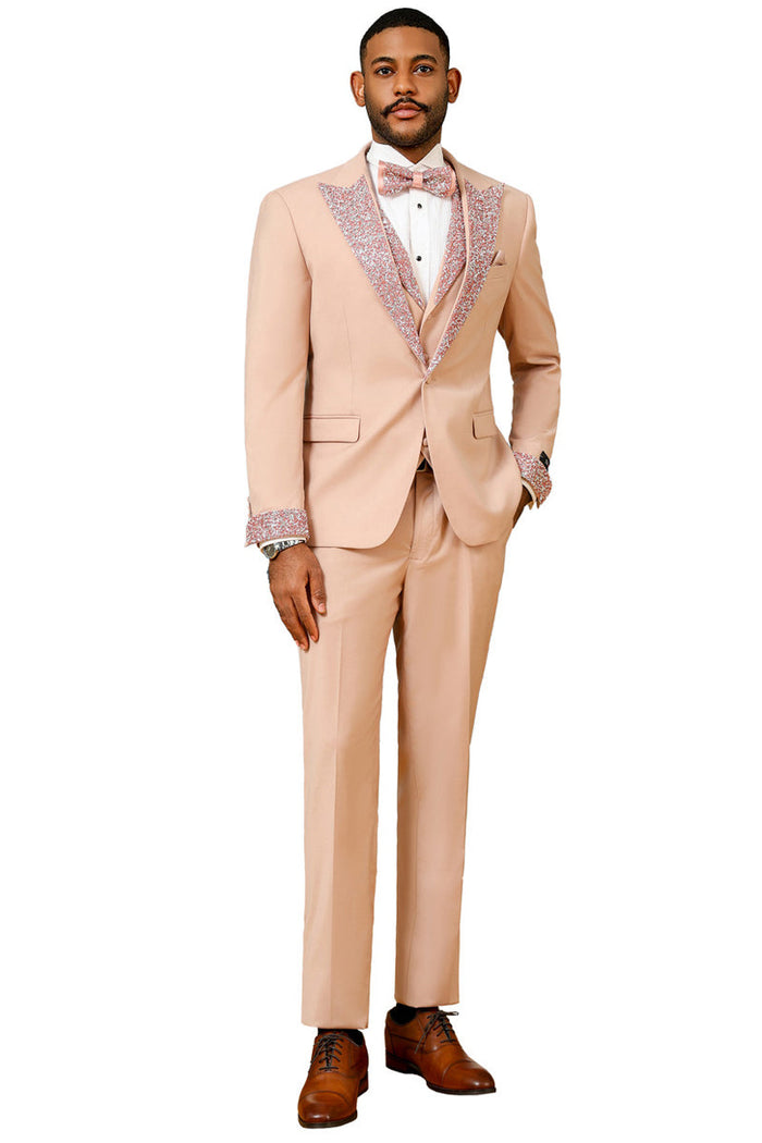 Men's Rose Gold Rhinestone sequin Peak Lapel Tuxedo