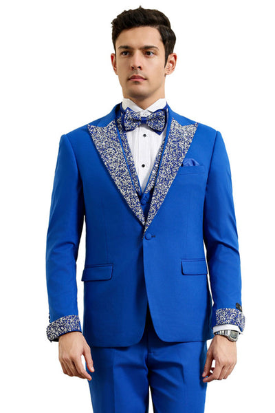 Men's Royal Blue Rhinestone Peak Lapel Tuxedo
