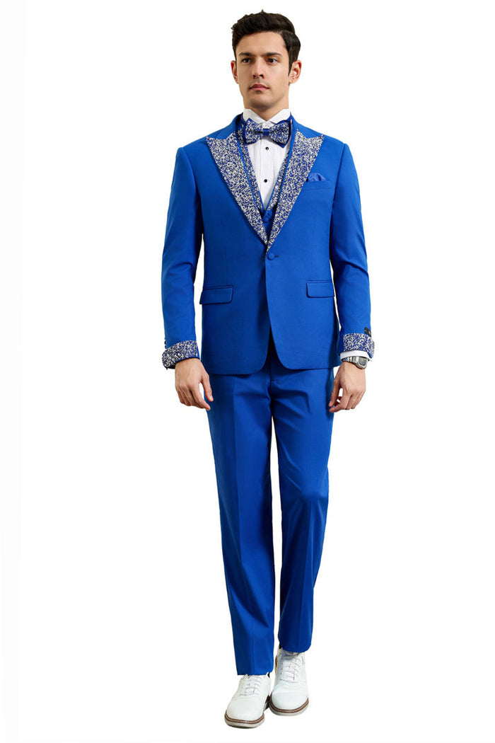 Men's Royal Blue Rhinestone sequin Peak Lapel Tuxedo