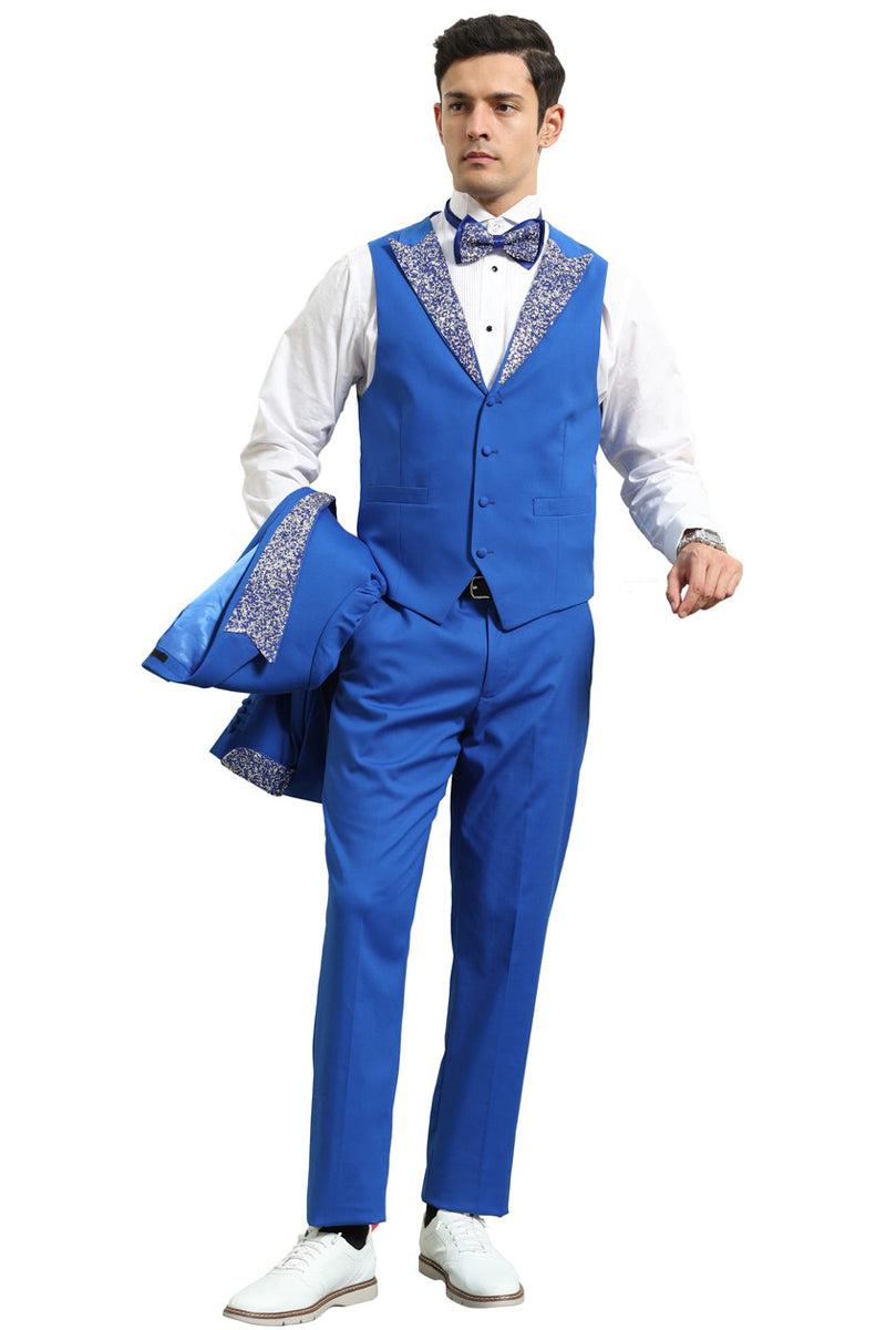 Men's Royal Blue Rhinestone sequin Peak Lapel Tuxedo