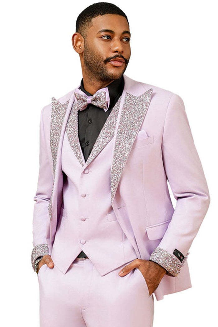 Men's Lavender Rhinestone sequin Vested Tuxedo