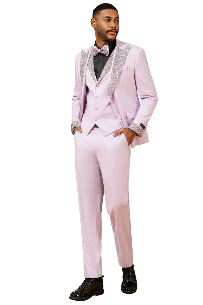 Men's Lavender Rhinestone sequin Vested Tuxedo