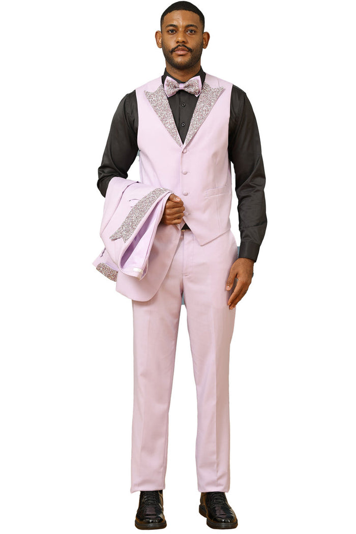 Men's Lavender Rhinestone sequin Vested Tuxedo