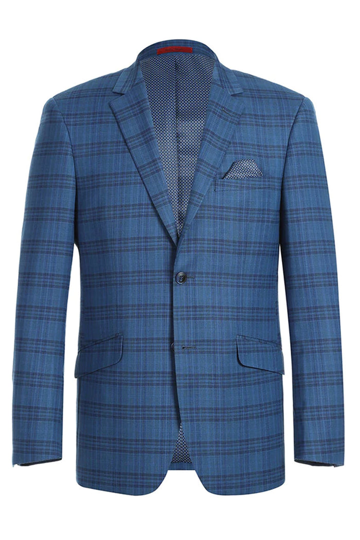 Mens Two Button Slim Fit Sport Coat Blazer in Medium Indigo Blue Windowpane Plaid by Renoirin