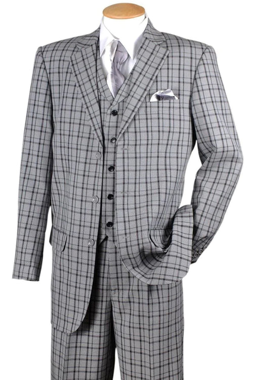 Mens 3 Button Vested Windowpane Plaid Fashion Suit in Navy Blue by Fortino Landiin
