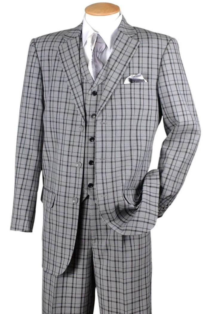Mens 3 Button Vested Windowpane Plaid Fashion Suit in Navy Blue by Fortino Landiin