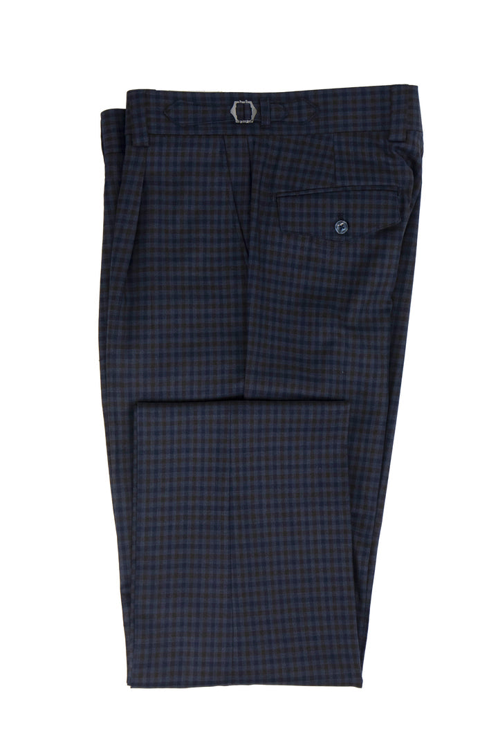 Tiglio Luxe Navy and Brown Check Semi-Wide Leg Wool Marbella Dress Pants TL5543 – SuitUSA