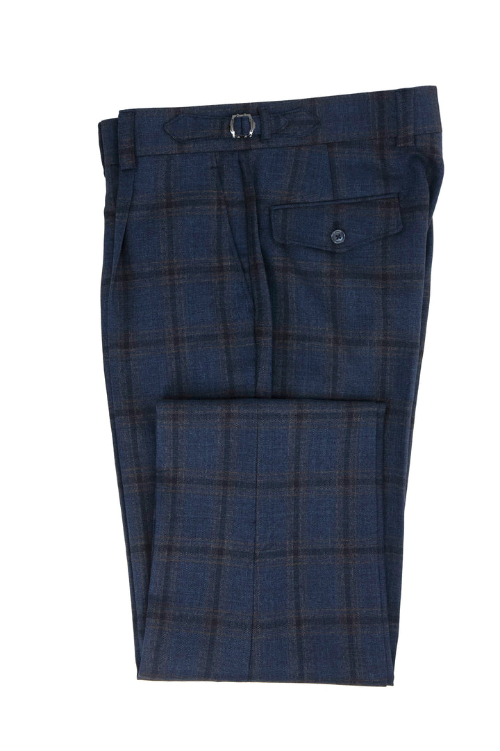 Tiglio Luxe Blue with Brown Windowpane Semi-Wide Leg Wool Marbella Dress Pants TL8101
