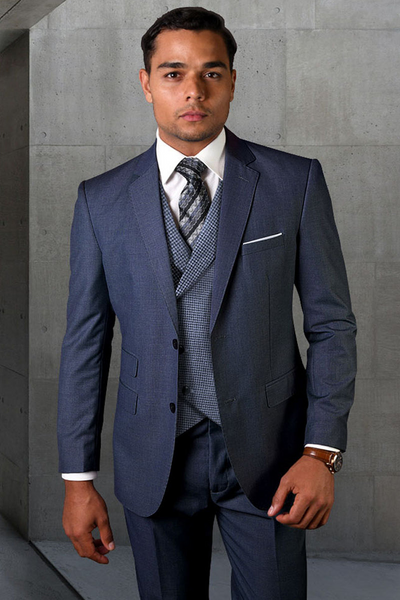 Men's Indigo Blue Wool Suit with Micro Plaid Vest