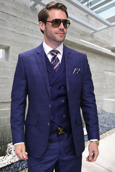 Men's Designer Wool Suit in Sapphire Blue Sharkskin with Double Breasted Vest