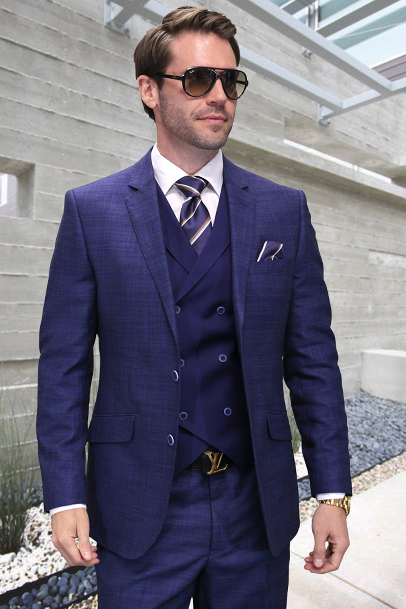 Men's Designer Wool Suit in Sapphire Blue Sharkskin with Double Breasted Vest by Statement