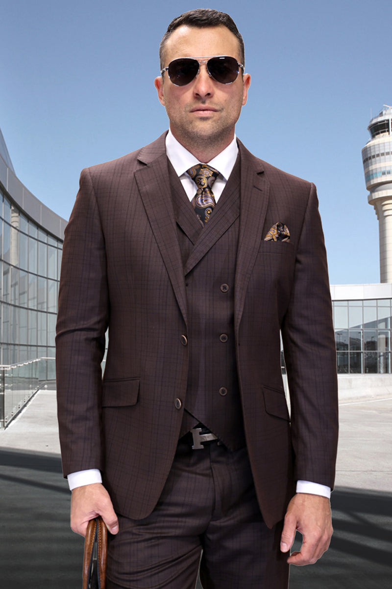 Men's Two Button Modern Fit Wool Suit in Brown Plaid with Double Breasted Vest by Statement