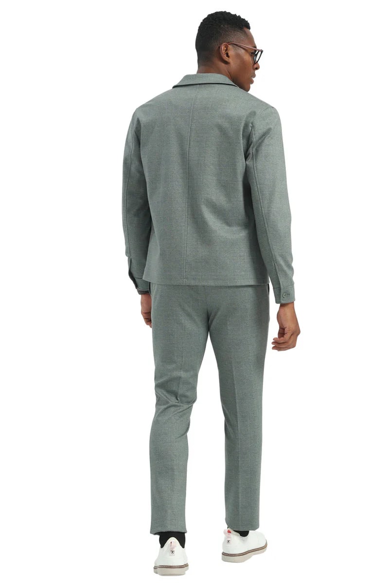 Mens Casual Walking Casual Suit Jacket and Pant Set in Sage Green Safari Military Style 70s Fashion