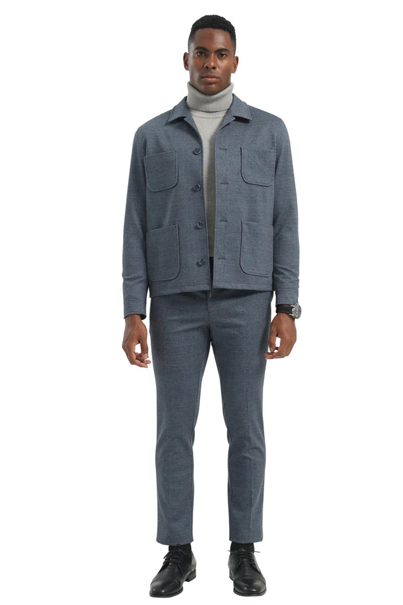 Mens Casual Walking Casual Suit Jacket and Pant Set in Blue Safari Military Style 70s Fashion