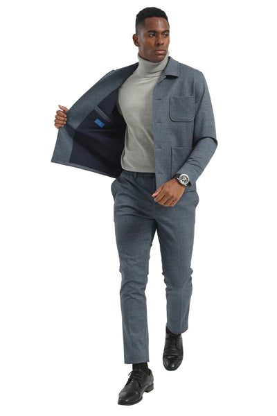 Mens Casual Walking Casual Suit Jacket and Pant Set in Blue Safari Military Style 70s Fashion