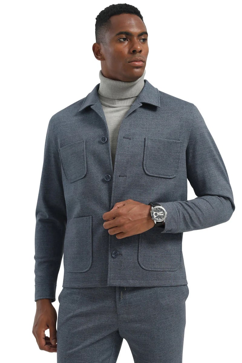 Mens Casual Walking Casual Suit Jacket and Pant Set in Blue Safari Military Style 70s Fashion