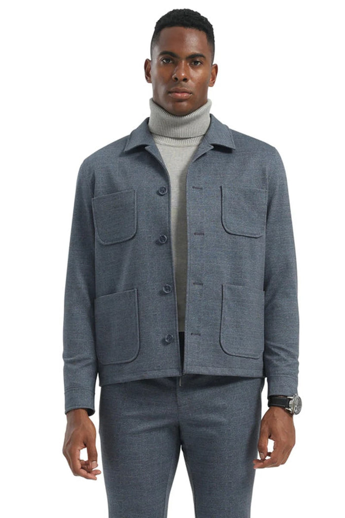 Mens Casual Walking Casual Suit Jacket and Pant Set in Blue Safari Military Style 70s Fashion