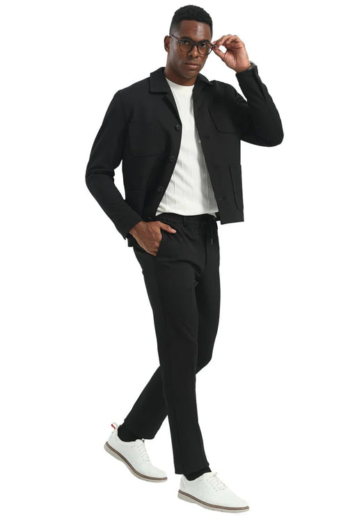 Mens Casual Walking Casual Suit Jacket and Pant Set in Black Safari Military Style 70s Fashion