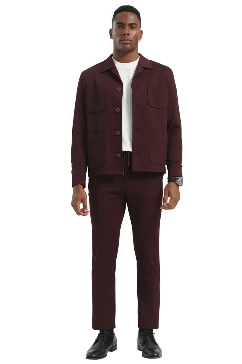 Mens Casual Walking Casual Suit Jacket and Pant Set in Burgundy Safari Military Style 70s Fashion