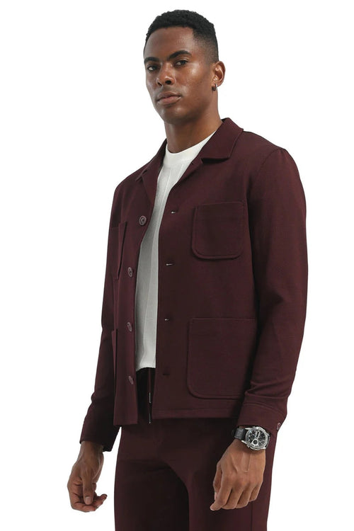 Mens Casual Walking Casual Suit Jacket and Pant Set in Burgundy Safari Military Style 70s Fashion
