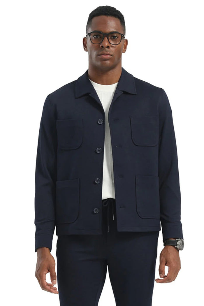 Mens Casual Walking Casual Suit Jacket and Pant Set in Navy Blue Safari Military Style 70s Fashion