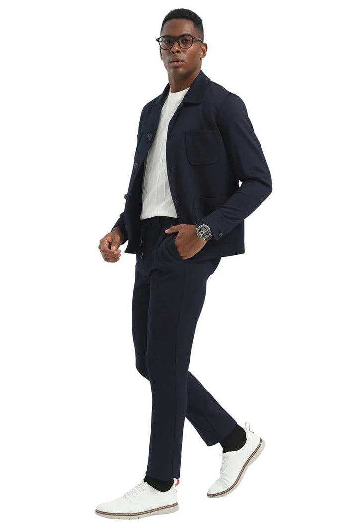 Mens Casual Walking Casual Suit Jacket and Pant Set in Navy Blue Safari Military Style 70s Fashion