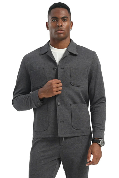 Mens Casual Walking Casual Suit Jacket and Pant Set in Grey Safari Military Style 70s Fashion