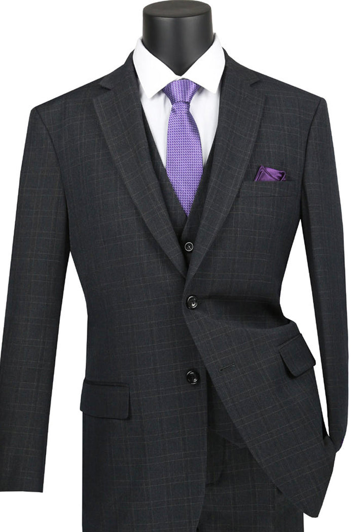 Mens Classic Fit Banker Plaid Vested Suit in Blue by Vinci