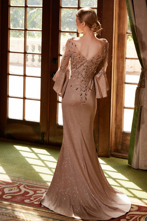 Nox Anabel MD129 Elegant Mother of Bride Dress Appliqué Bell Sleeve Slit Evening Gown