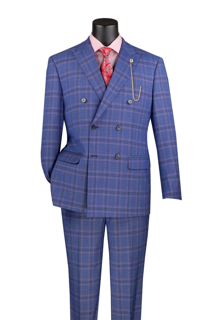 Ramses Collection - Blue Regular Fit Double Breasted 2 Piece Suit with Flexible Elastic Waistband by Vinci