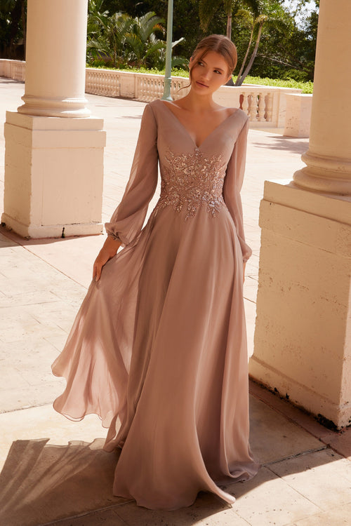 Nox Anabel ME128 Flowing Chiffon Gown with Long Sleeves