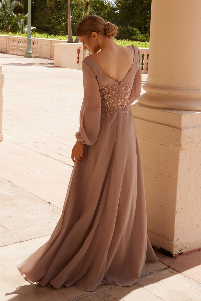 Nox Anabel ME128 Flowing Chiffon Gown with Long Sleeves