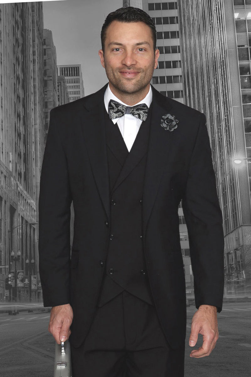 Men's Classic Fit Wool Suit with Double Breasted Vest in Black