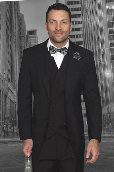 Men's Classic Fit Wool Suit with Double Breasted Vest in Black
