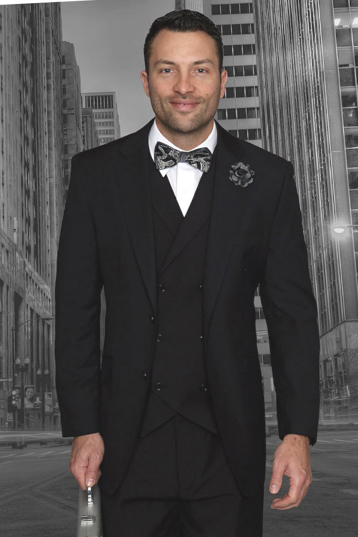 Men's Classic Fit Wool Suit with Double Breasted Vest in Black