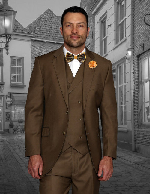 Mens 2 Button Classic Fit Pleated Pant Suit with Double Breasted Vest in Bronze by Statement