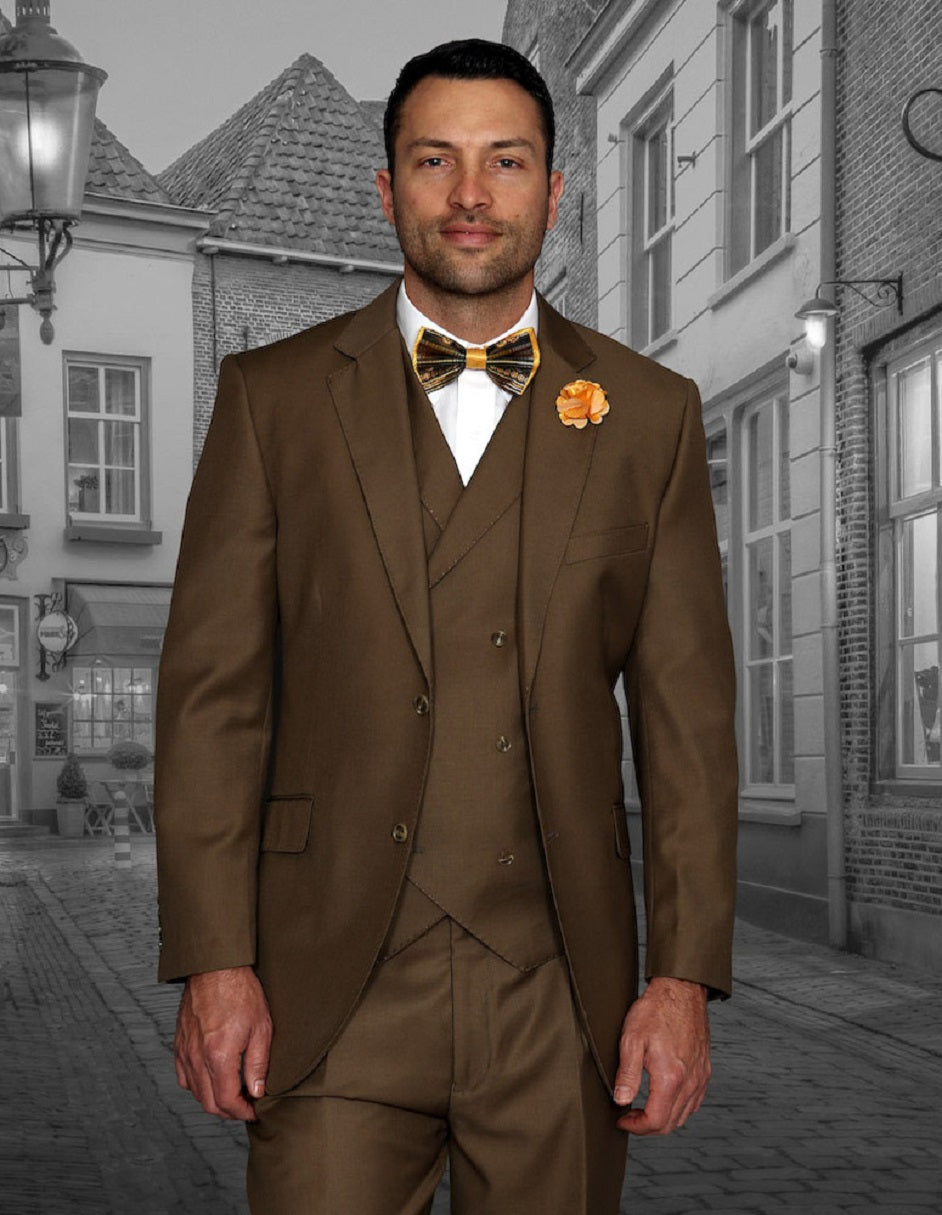 Mens 2 Button Classic Fit Pleated Pant Suit with Double Breasted Vest in Bronze by Statement