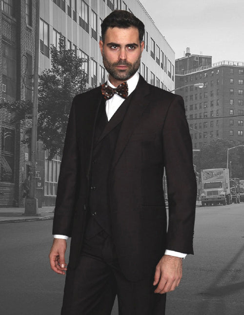 Mens 2 Button Classic Fit Pleated Pant Suit with Double Breasted Vest in Brown by Statement