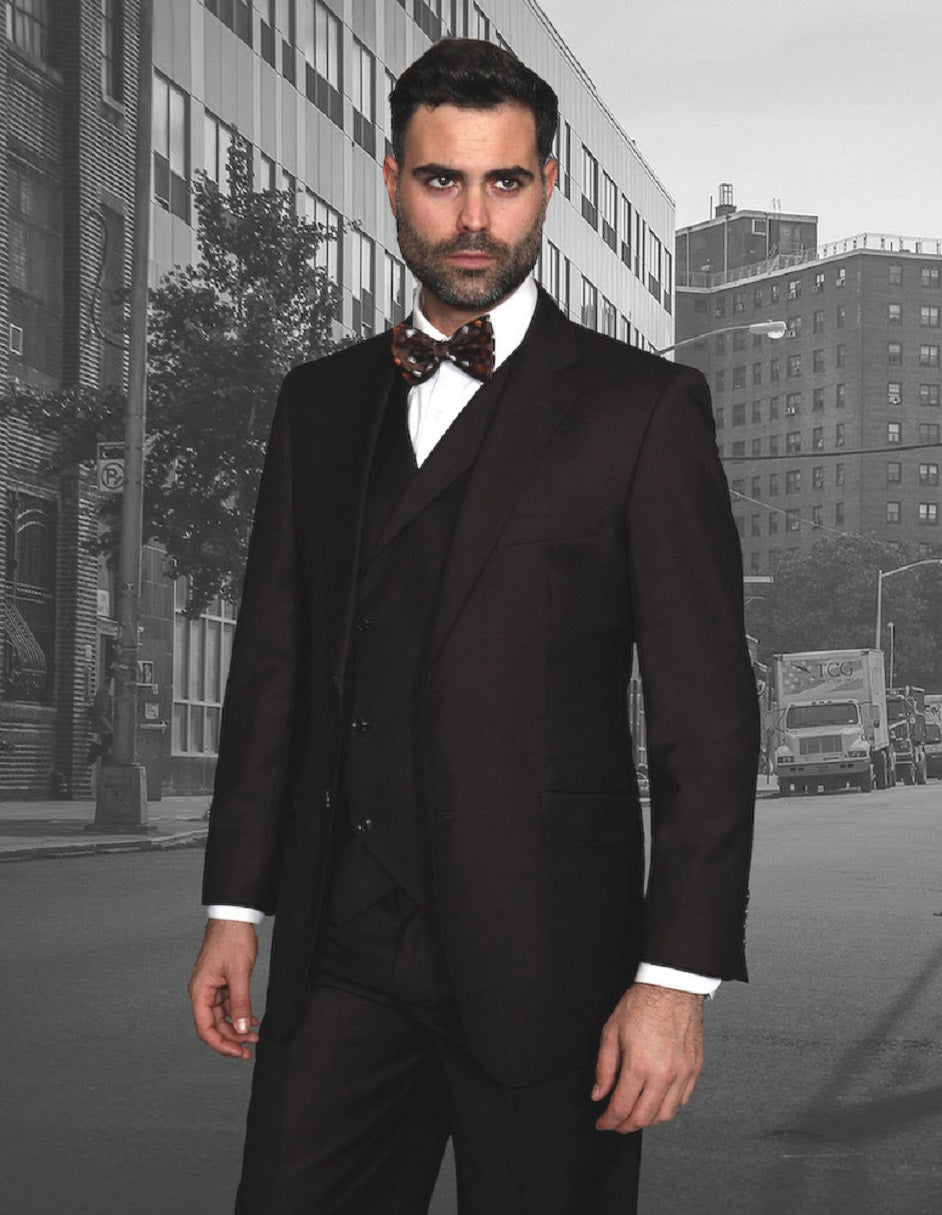 Mens 2 Button Classic Fit Pleated Pant Suit with Double Breasted Vest in Brown by Statement