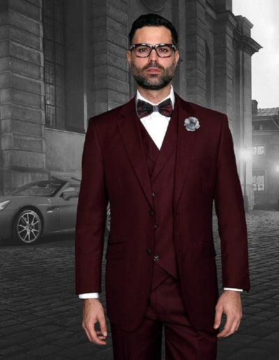 Mens 2 Button Classic Fit Pleated Pant Suit with Double Breasted Vest in Burgundy by Statement