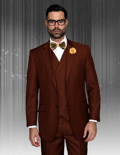 Mens 2 Button Classic Fit Pleated Pant Suit with Double Breasted Vest in Copper by Statement