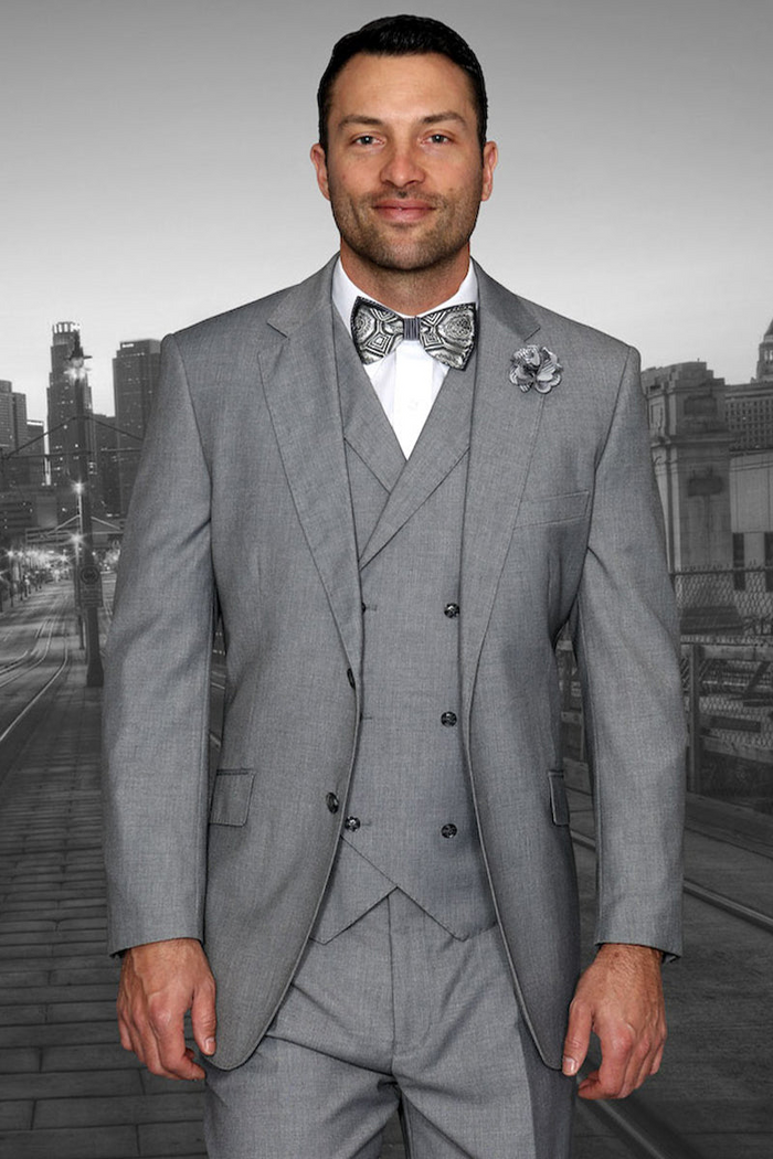Men's Grey Wool Suit with Double-Vested Charm