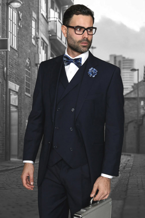 Men's Navy Wool Suit with Double-Breasted Vest